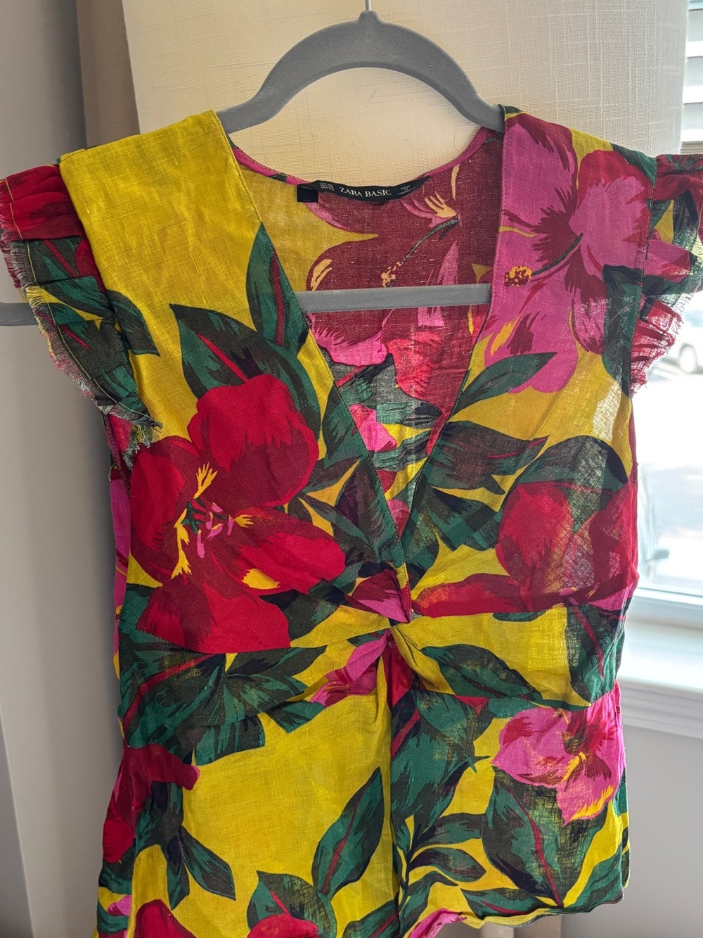Zara Floral Twist-Front Yellow V-Neck Blouse
